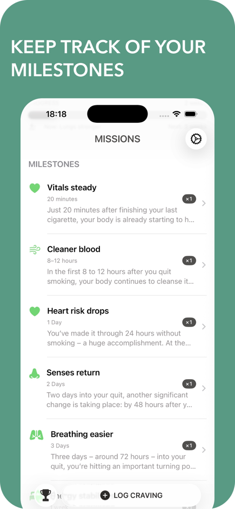 Eleos app interface showing a list of health milestones achieved after quitting smoking