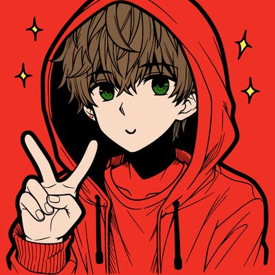 teenage manga boy in a hoodie, doing ✌