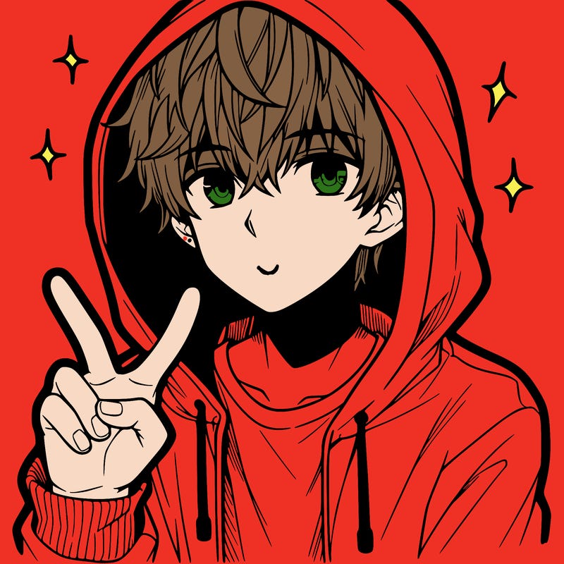 teenage manga boy in a hoodie, doing ✌