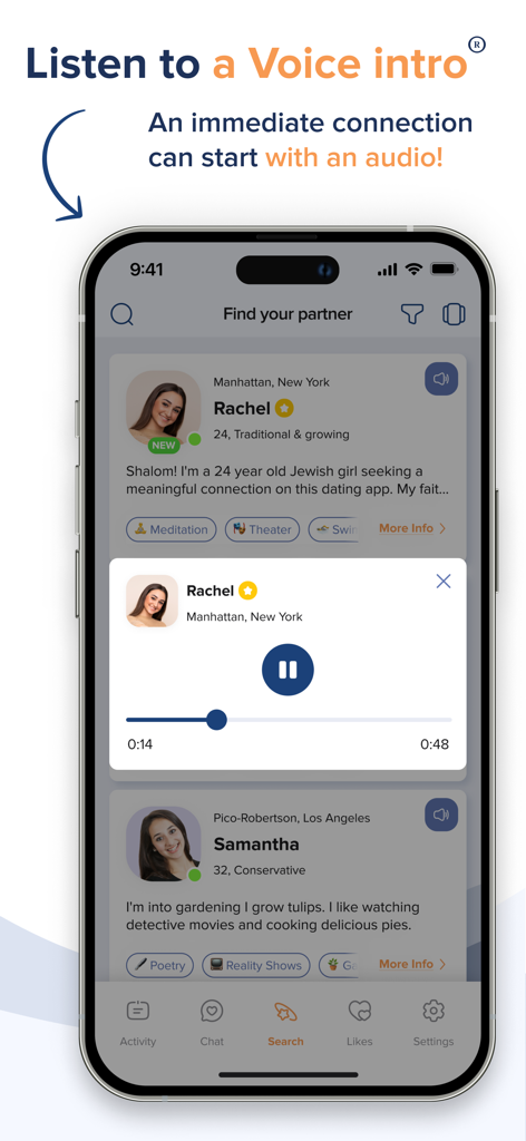 A mobile interface of the JWed app showing a voice introduction feature on a user profile for Jewish singles