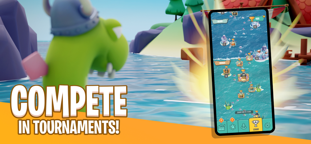 Smartphone displaying the competitive league map for BattleTabs tournaments.