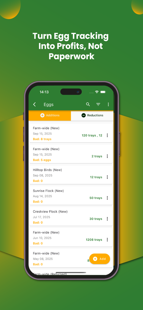 My Poultry Manager - Farm app - Interfaz de aplicación móvil que muestra registros de producción de huevos y datos de gestión de rebaños.