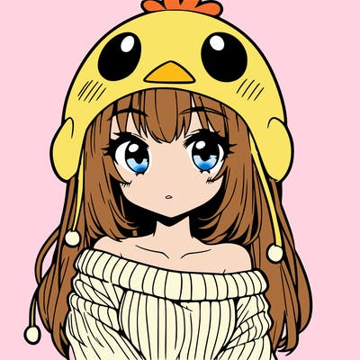 anime girl with chick shaped hat with sweater with bare shoulders with bangs covering them one eye with low tail