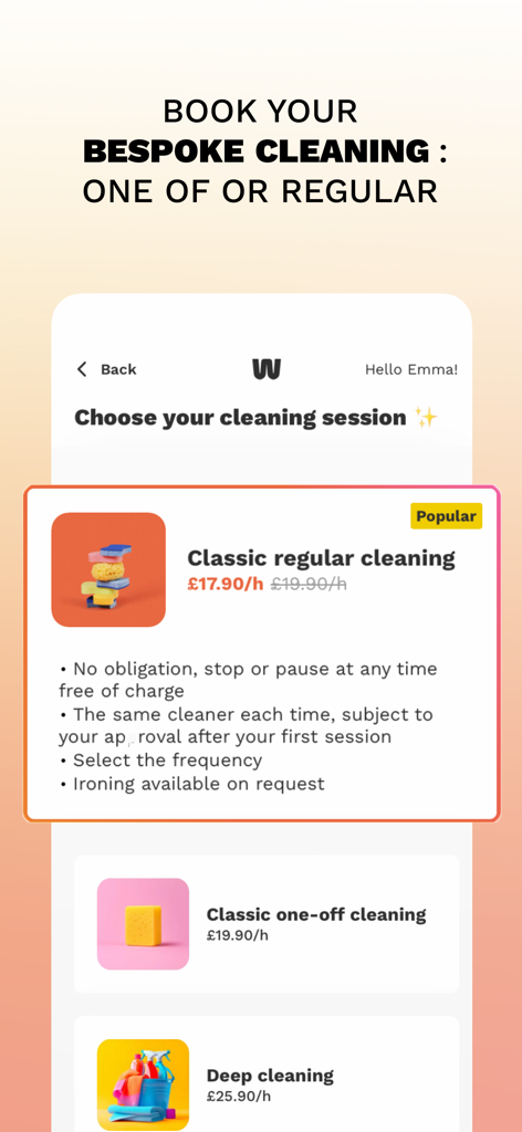Housekeeping Services - Wecasa - Mobile app interface showing options for booking regular cleaning one-off cleaning and deep cleaning services