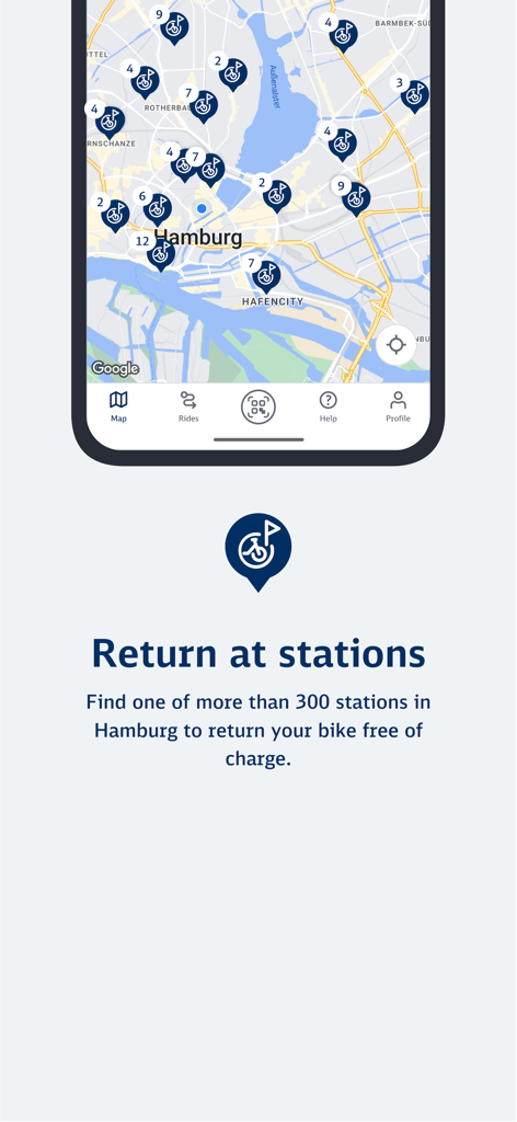 StadtRAD Hamburg - Map of Hamburg in the StadtRAD app displaying locations of bike return stations