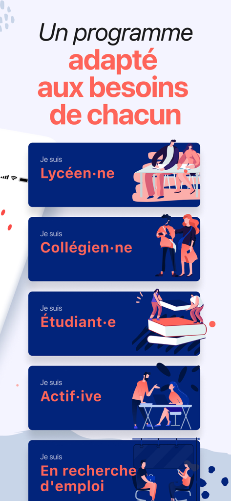 Una pantalla de menú que muestra diferentes programas de aprendizaje de francés adaptados para estudiantes de secundaria, universitarios, profesionales y buscadores de empleo.