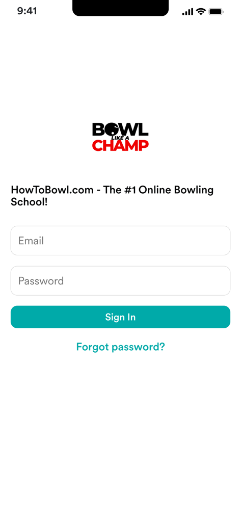 HowToBowl - Sign in screen for the HowToBowl mobile app with email and password input fields