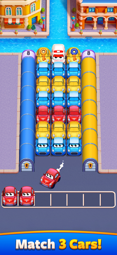 Gameplay screen of Car Match Traffic Puzzle showing colorful cars being matched in groups of three to clear traffic jams.