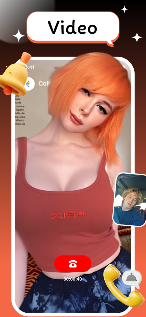 Viewr：Video Chat & Share Life - Interface of the Viewr app showing a one-on-one video chat between two young adults.