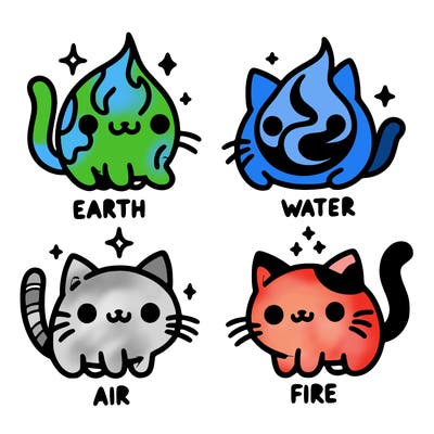 4 cats that represent the different elements, earth, water, air, and fire