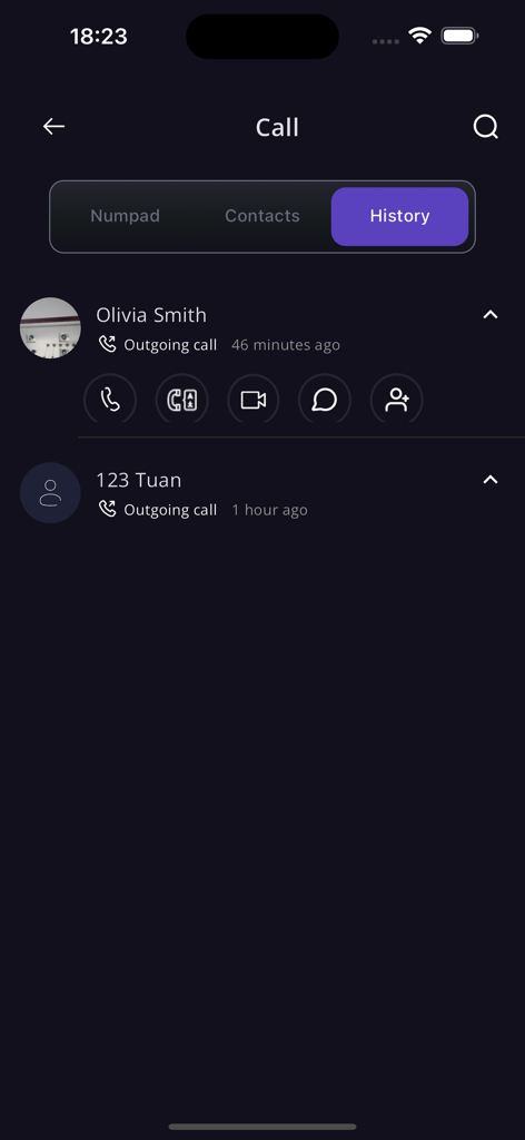 U-COM - Screenshot of the U-COM mobile app call history interface displaying recent outgoing calls and contact options.