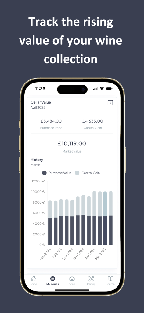 Viniou – Wine Cellar Manager - A mobile app screen showing the market value and capital gain history of a wine collection with a bar chart
