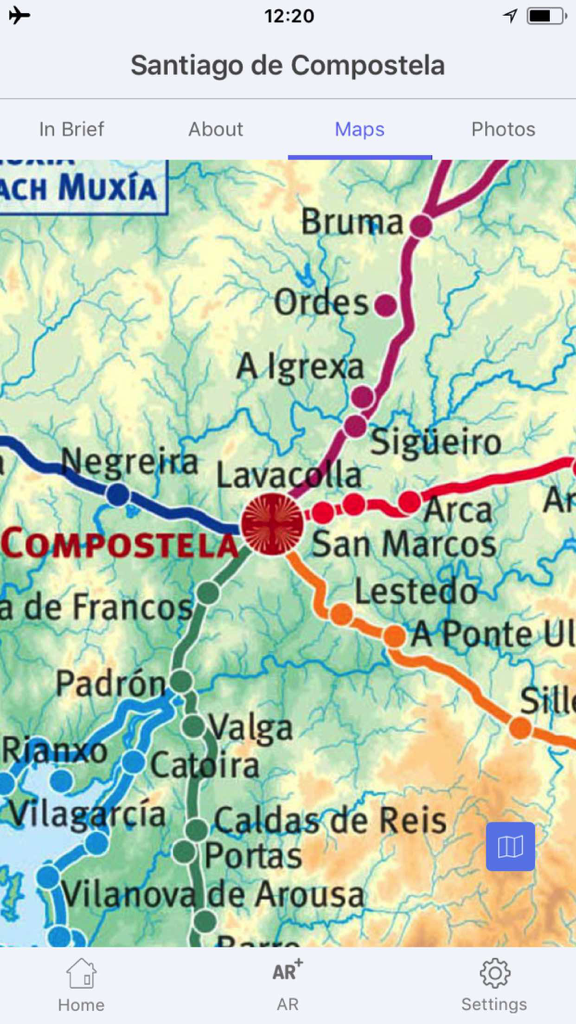 Santiago de Compostela Tourism - Vista dettagliata della mappa regionale che mostra percorsi e città nella guida di viaggio di Santiago de Compostela