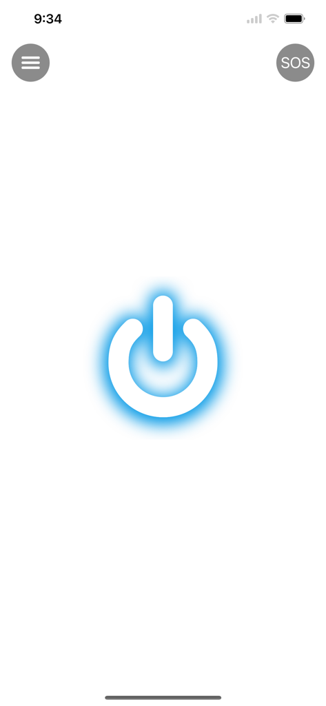 Flashlight x app interface featuring a glowing power button and an SOS emergency signal button