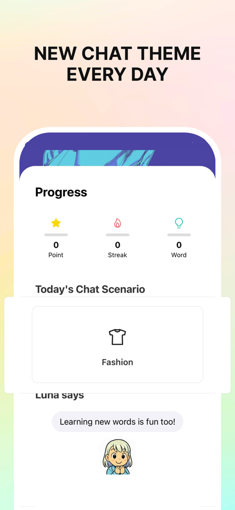 LunaTalk: AI Japanese Chat App - LunaTalk app interface showing a daily Japanese chat scenario for fashion and user progress stats