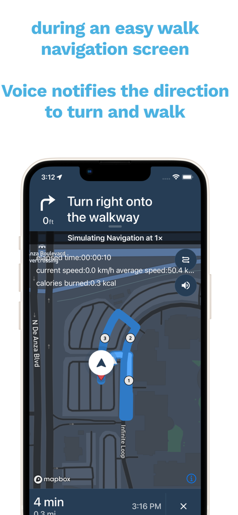 Mr.Walkway - Mr.Walkway navigation screen showing a walking route with voice turn-by-turn guidance and fitness stats