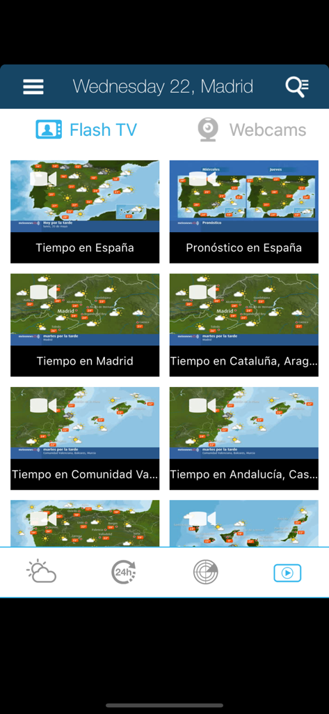 Weather for Spain - Weather for SpainアプリのFlash TVビデオ予報画面、地域ごとの天気予報が表示されています