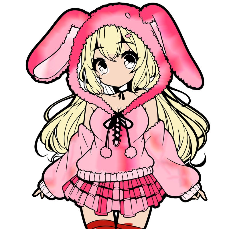 pretty anime girl wearing a fluffy hoodie with bunny ears on the hood and a skirt