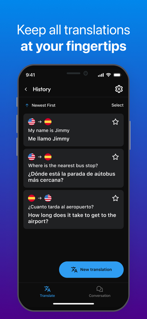 TalkNow - AI Translator - TalkNow AI Translator app history screen showing English to Spanish translated phrases and language pairs.