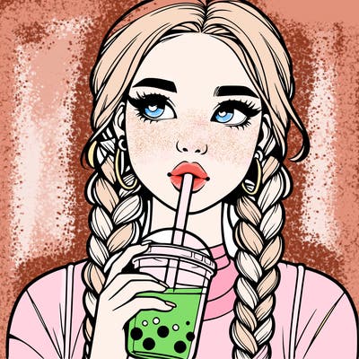realistic girl with braided hair drinking boba