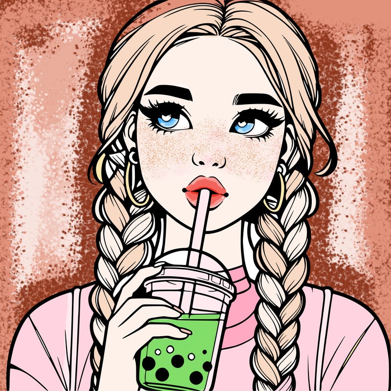 realistic girl with braided hair drinking boba