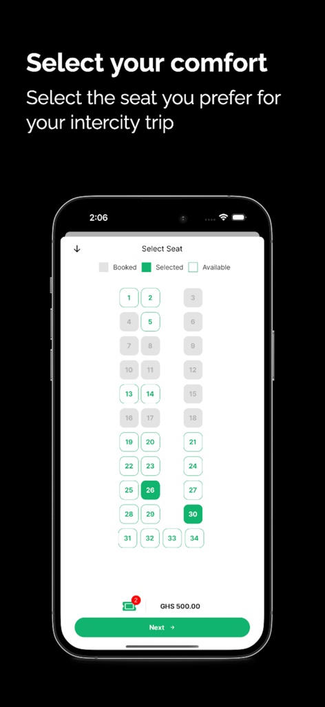 Interfaz de la aplicación móvil para seleccionar un asiento de autobús para un viaje interurbano en Ghana que muestra un mapa de asientos digital.