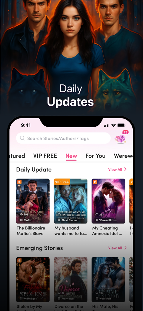 App-Bildschirm zeigt Romanzen und Werwolf-Romane auf My Fiction mit einer Kopfzeile für tägliche Updates