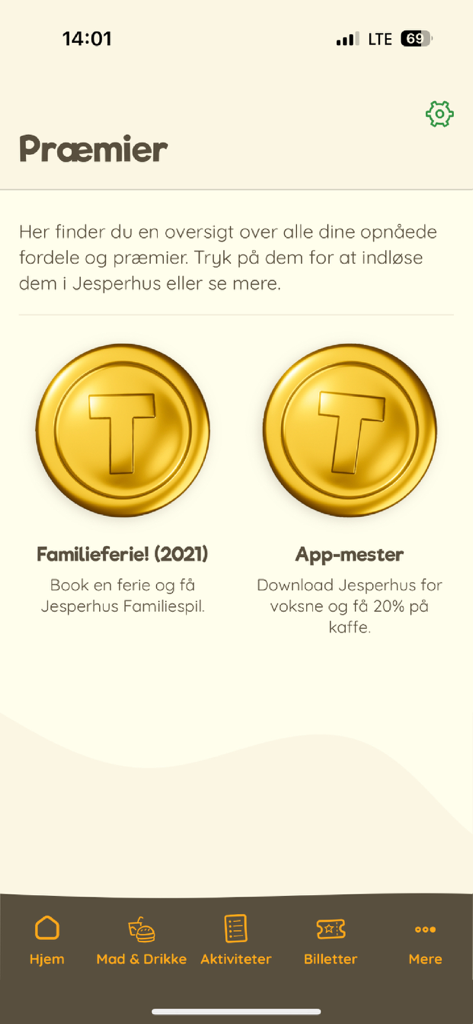 Jesperhus - for voksne - Jesperhus app interface showing rewards and gold coins for family vacation and coffee discounts