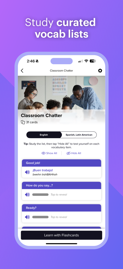 Mango Languages: Learning - Mango Languages app screen showing Spanish vocabulary lists with phonetic pronunciation