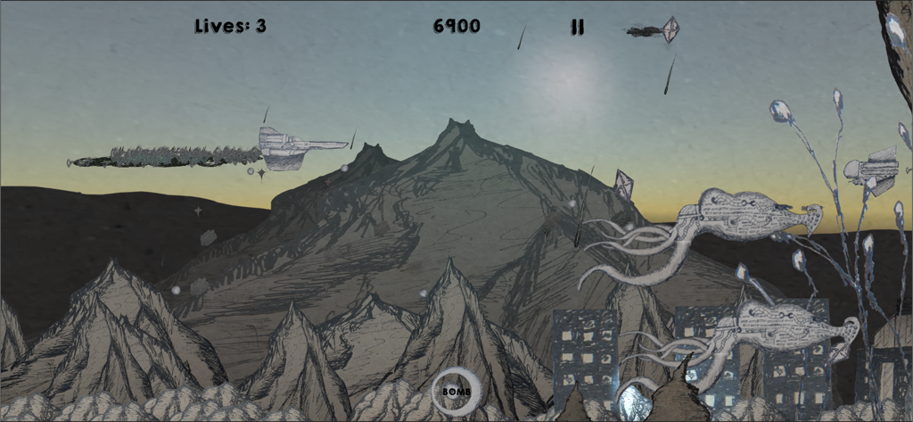 Una nave espacial volando a través de un paisaje de tinta dibujado a mano con criaturas alienígenas en Weltraum Tinte