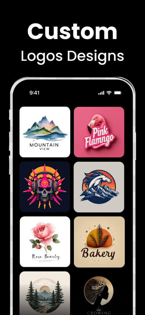 AI Logo Maker & Art Generator - A collection of custom logo designs generated by the AI Logo Maker app, showcasing various styles for businesses and creators.