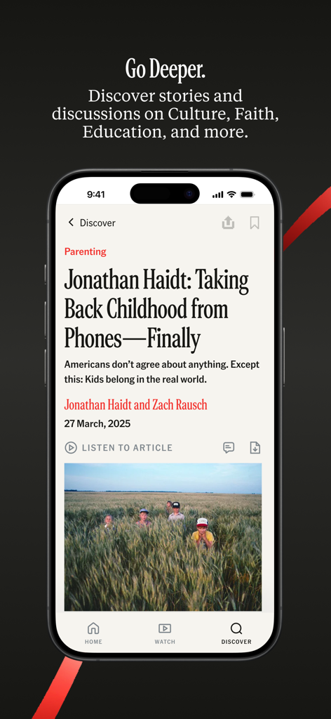 iPhone screen displaying an article titled Jonathan Haidt Taking Back Childhood from Phones on The Free Press app