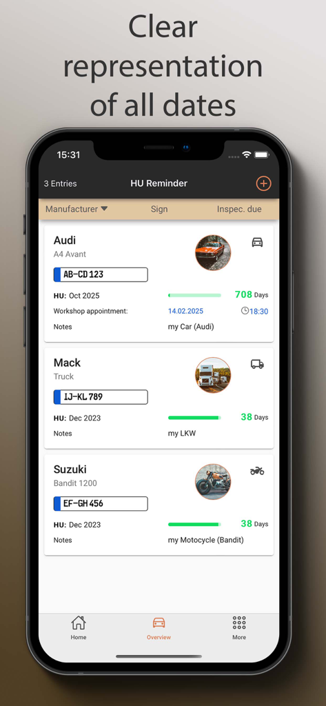 App interface showing a list of vehicles with their inspection due dates