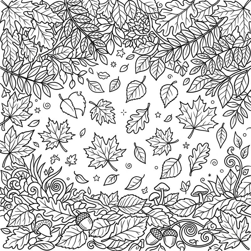 Immerse yourself in the beauty of fall with this intricate forest leaves coloring page. Discover a vibrant collection of autumn foliage, acorns, and mushrooms, perfect for celebrating the harvest season.