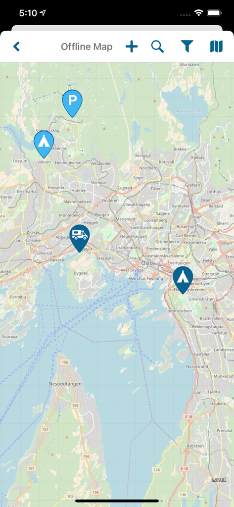 NorCamp offline map of Oslo Norway showing camping and campervan spots
