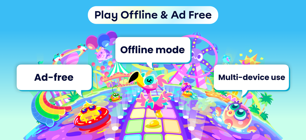 Szene der Moshi Play App, die werbefreie und Offline-Funktionen für Kinder hervorhebt