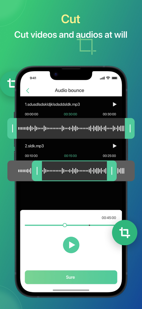 MP3 Converter - Extract MP3 - Mobile app interface for cutting and trimming audio files with waveforms