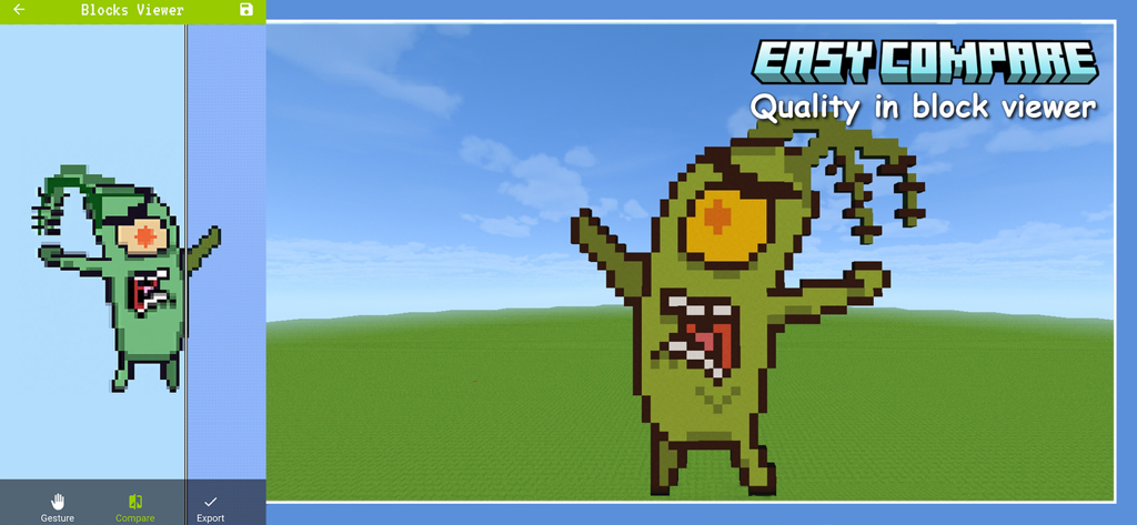 PixelArt Builder for Minecraft - Comparaison côte à côte d'un personnage de dessin animé et de sa recréation en pixel art Minecraft dans l'outil de visualisation de blocs