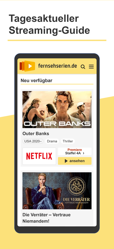 fernsehserien.de - Écran de smartphone montrant le guide de streaming quotidien de fernsehserien.de avec des émissions Netflix