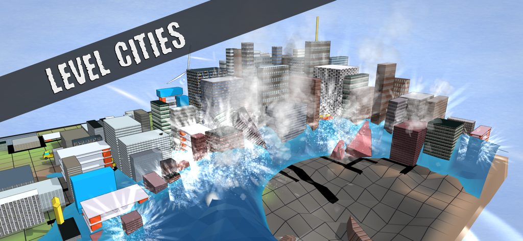 Unnatural Disaster - A massive tsunami wave destroying a low-poly city in the Unnatural Disaster mobile game.