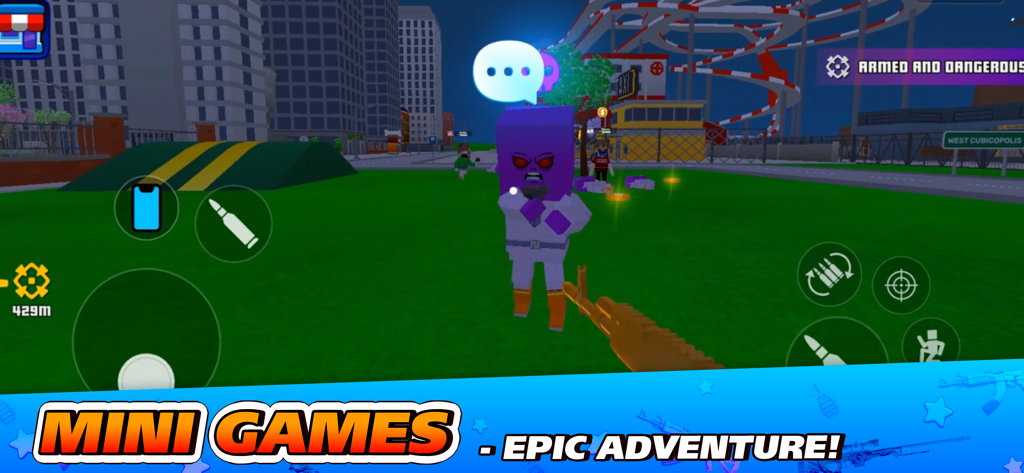 Gangs Wars City: Pixel Shooter - First person pixel shooter gameplay with a golden gun in a blocky city environment