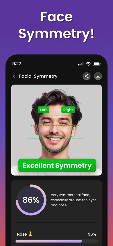 Mobile app interface showing a facial symmetry analysis on a male user with an 86 percent score