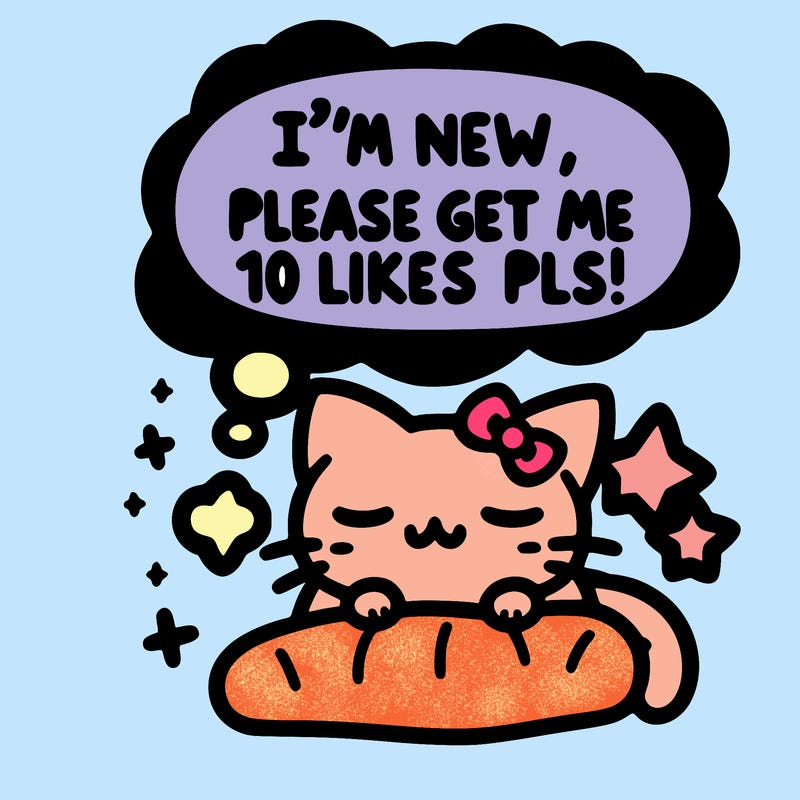 kitty taking a nap dream talking and saying "i'm new, please get me at least 10 likes pls!!"