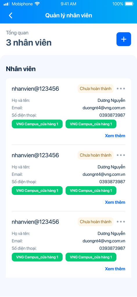 ZaloPay Merchant - Tela de gerenciamento de pessoal no aplicativo ZaloPay Merchant mostrando uma lista de funcionários com seus detalhes de contato e locais de loja atribuídos.
