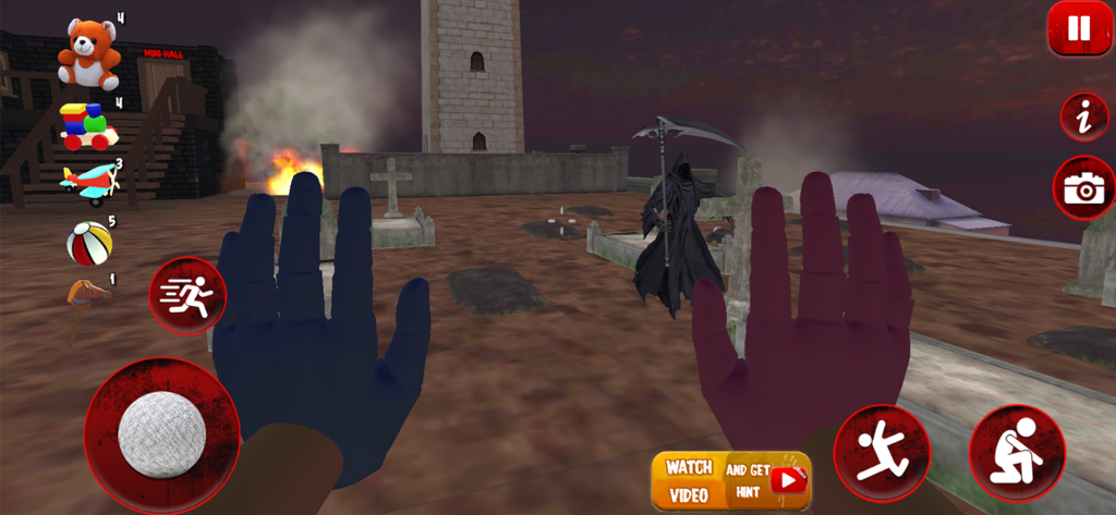 Visão em primeira pessoa de um jogo de terror em um cemitério com uma figura de ceifador sombrio e ícones de inventário de brinquedo