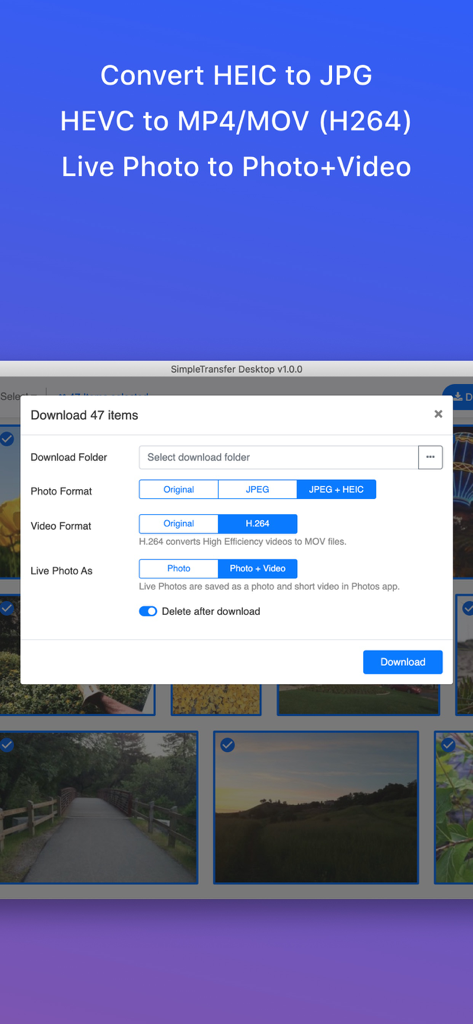 Interfaz de la aplicación Simple Transfer Pro que muestra opciones para convertir HEIC a JPG y HEVC a MP4 durante la transferencia de archivos.