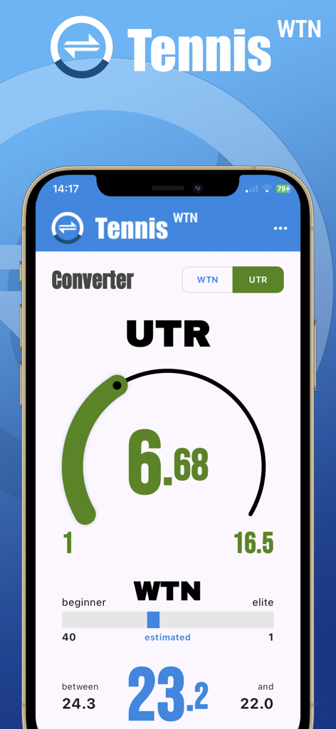 Captura de tela da interface do aplicativo Tennis WTN mostrando a conversão de classificação de UTR para WTN