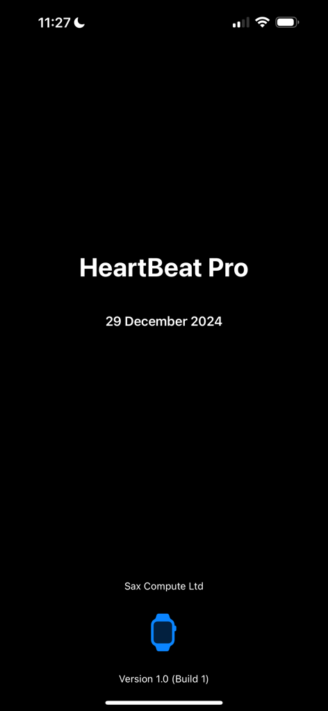 Heart Rate, Oxygen Monitor Pro - HeartBeat Pro app splash screen showing version info and developer name Sax Compute Ltd