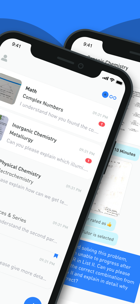 A mobile interface showing a list of tutoring sessions for math and chemistry and an active chat with an expert tutor.