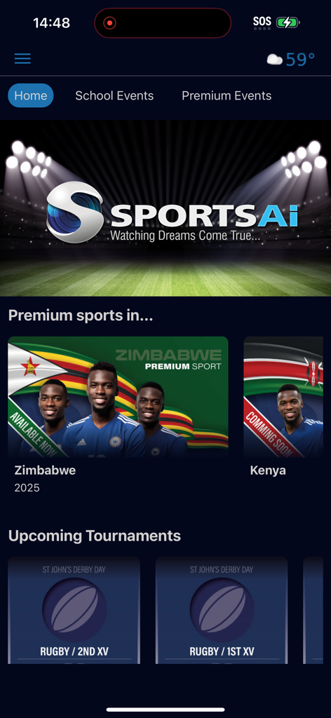 My Sports Ai - Screenshot of My Sports Ai app home screen displaying premium African sports events for Zimbabwe and Kenya and upcoming school rugby tournaments.